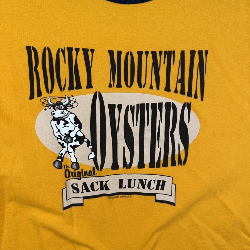 Yellow Rocky Mountain Oysters Sack Lunch Ringer T-shirt XL NWOT - Picture 3 of 5